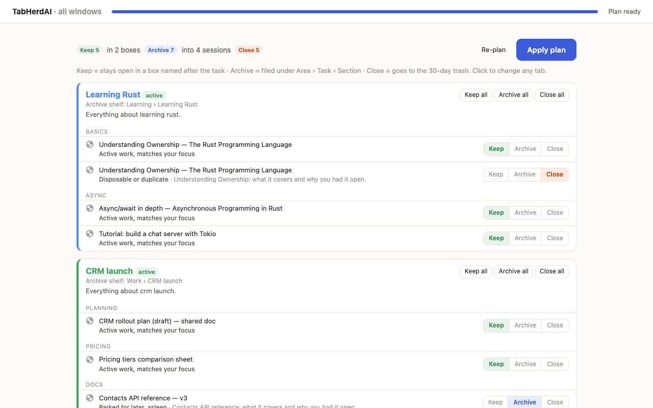 Organize: a plan grouping tabs into task boxes, archive sessions and closes, with a button to apply it